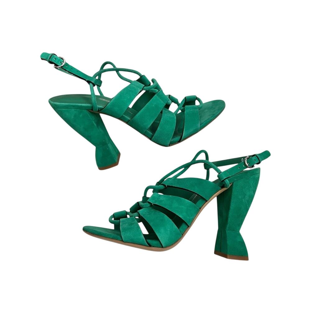 NEW Salvatore Ferragamo Emerald Green Suede Strappy Sirmio Slingback Block Heels